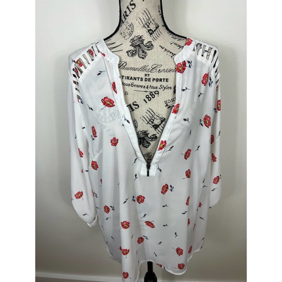 Maurices Semi Sheer white and red floral long sleeve V-neck Blouse - Picture 5 of 12
